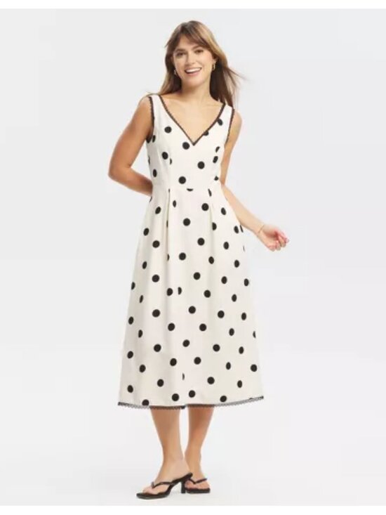 a new day Dresses & Skirts - A New Day Lace Trim Cream Polka Dots Midi Dress Size S